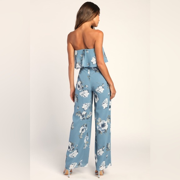 NWT lulus Finest Florals Slate Blue Floral Print Strapless Jumpsuit - Picture 3 of 12